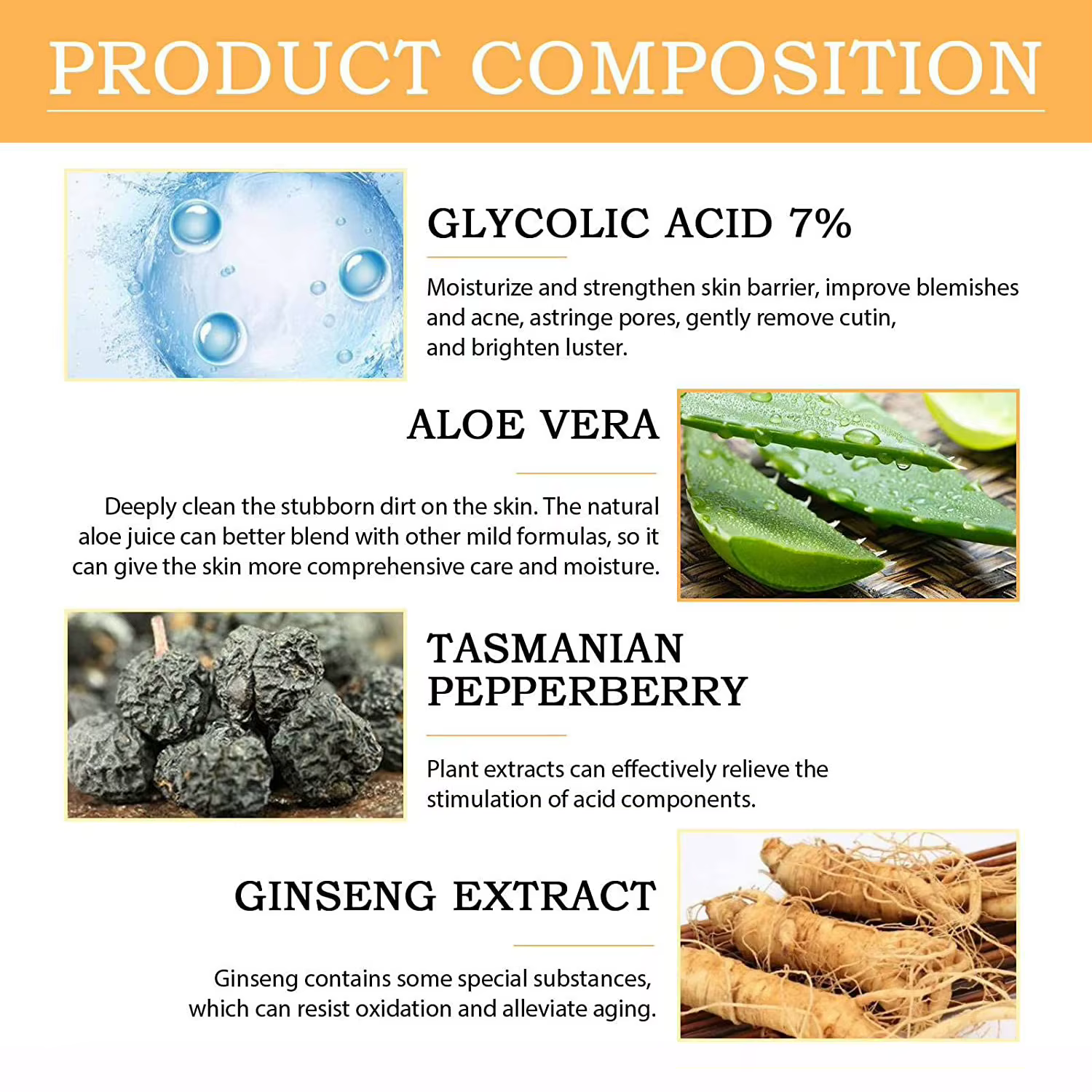 La Lotion cutanée à l'acide glycolique hydrate la peau avec 7% d'acide glycoliqueAcide glycoliqueAloe VeraTasmanien Poivre FruitGinseng ExtractRejuv