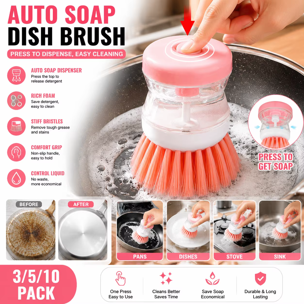 Distributeur automatique de savon avec brosse à vaisselle, brosse de nettoyage de cuisine avec poignée liquide, nettoyeur de casseroles et poêles robuste pour la maison