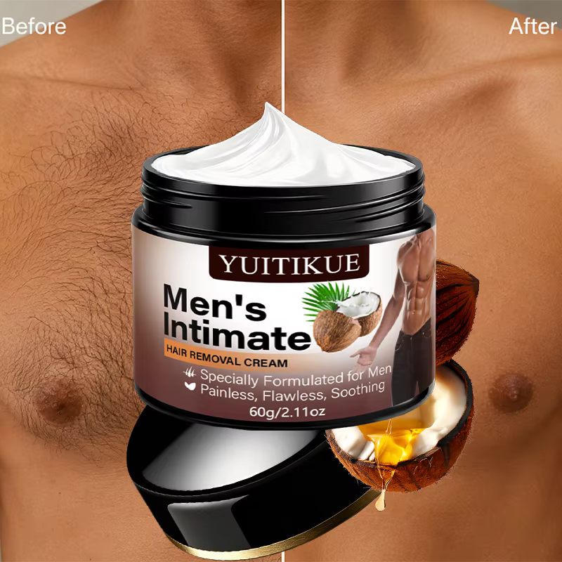 Crème dépilatoire intime pour hommes YUITIKUE 60g - Épilation indolore pour le corps et les zones intimes, extrait de noix de coco doux pour la peau