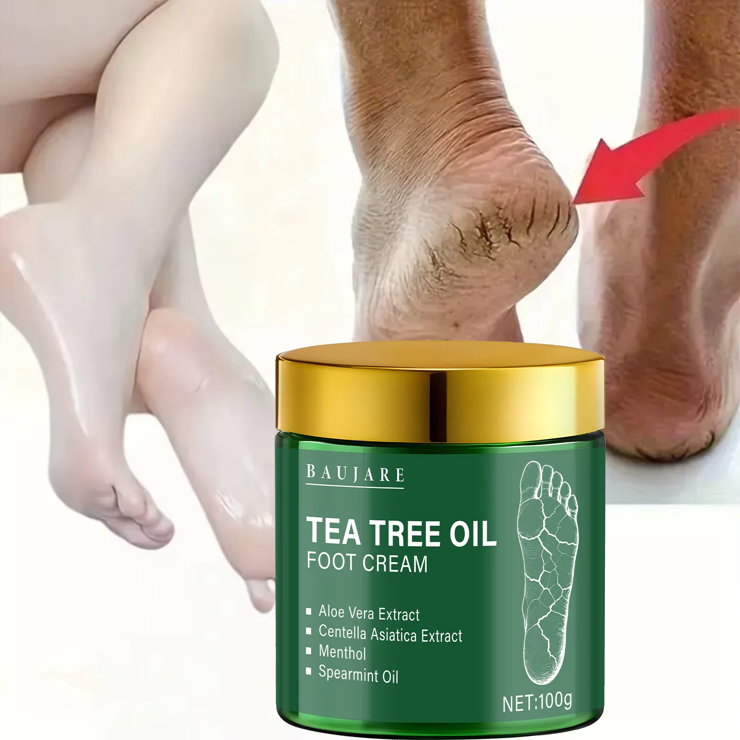 Crème pour les pieds à l'huile d'arbre à thé à l'aloe vera et au menthol - Hydrate et adoucit la peau avec l'acide hyaluronique et le rétinol