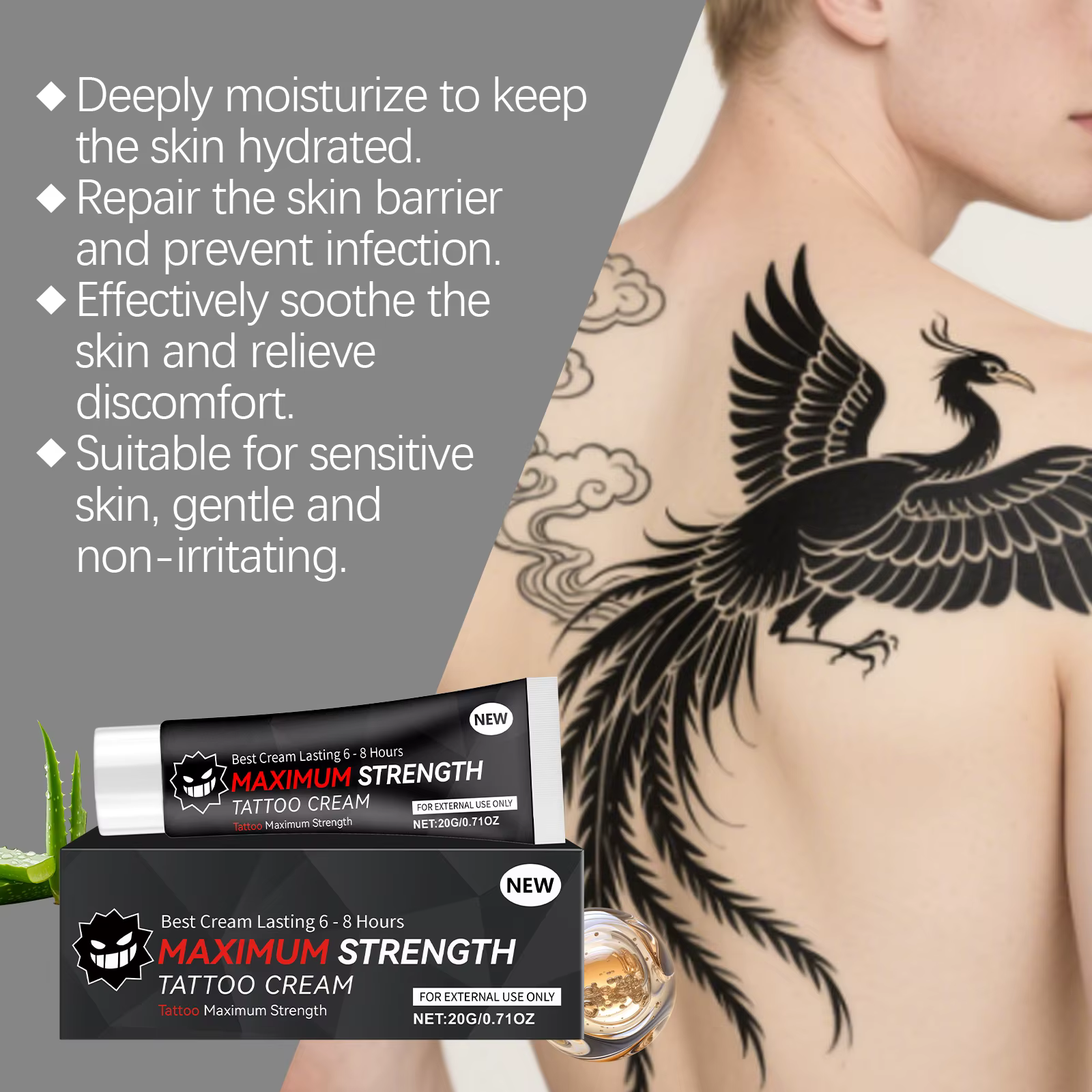 Crème de soin après tatouage 20g avec Aloe Vera et Vitamine E, hydratante, apaisante, anti-rougeurs pour la préservation de la couleur