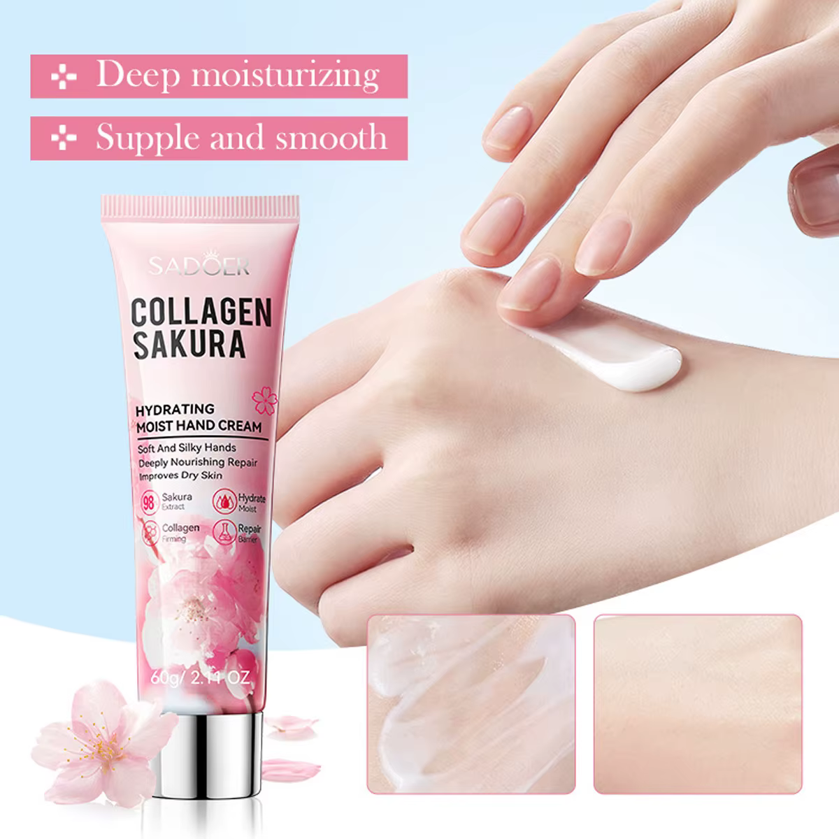 Crème hydratante pour les mains lisse au collagène fleur de cerisier pour l'automne et l'hiver