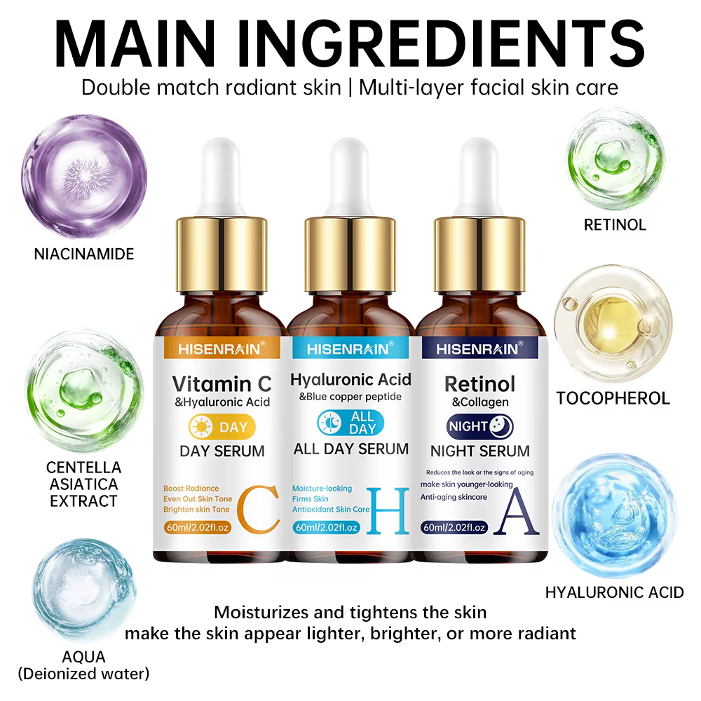 HISENRAIN Sérum Vitamine C + Rétinol + Acide Hyaluronique Duo | Combo éclaircissant et hydratation anti-âge | Pour tout