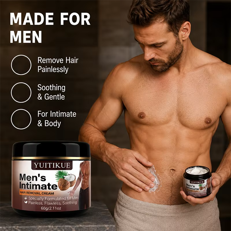 Crème dépilatoire intime pour hommes YUITIKUE 60g - Épilation indolore pour le corps et les zones intimes, extrait de noix de coco doux pour la peau
