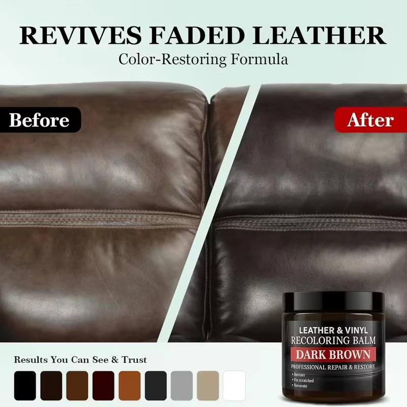 Baume de recoloration du cuir, crème réparatrice pour cuir brun foncé pour meubles, canapés, chaussures, sacs et sièges de voiture, restaure le cuir décoloré et les surfaces rayées