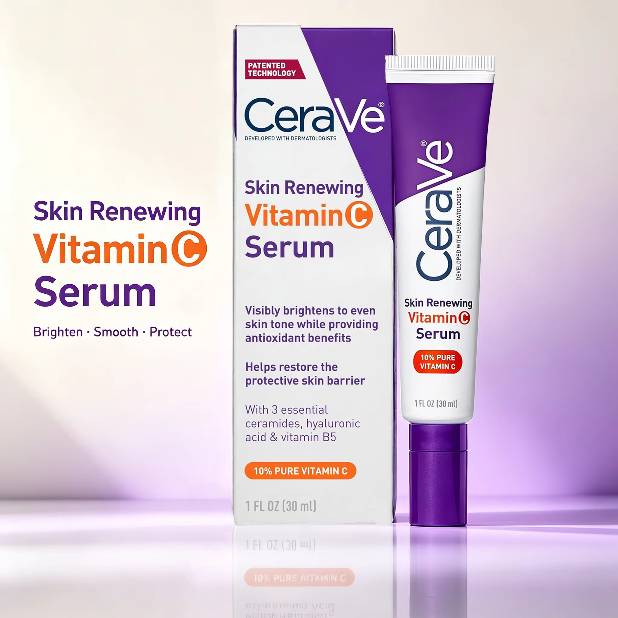 Sérum à la vitamine C CeraVe 10% pur, acide hyaluronique et 3 céramides, sérum antioxydant éclaircissant sans parfum pour le visage, 1 oz
