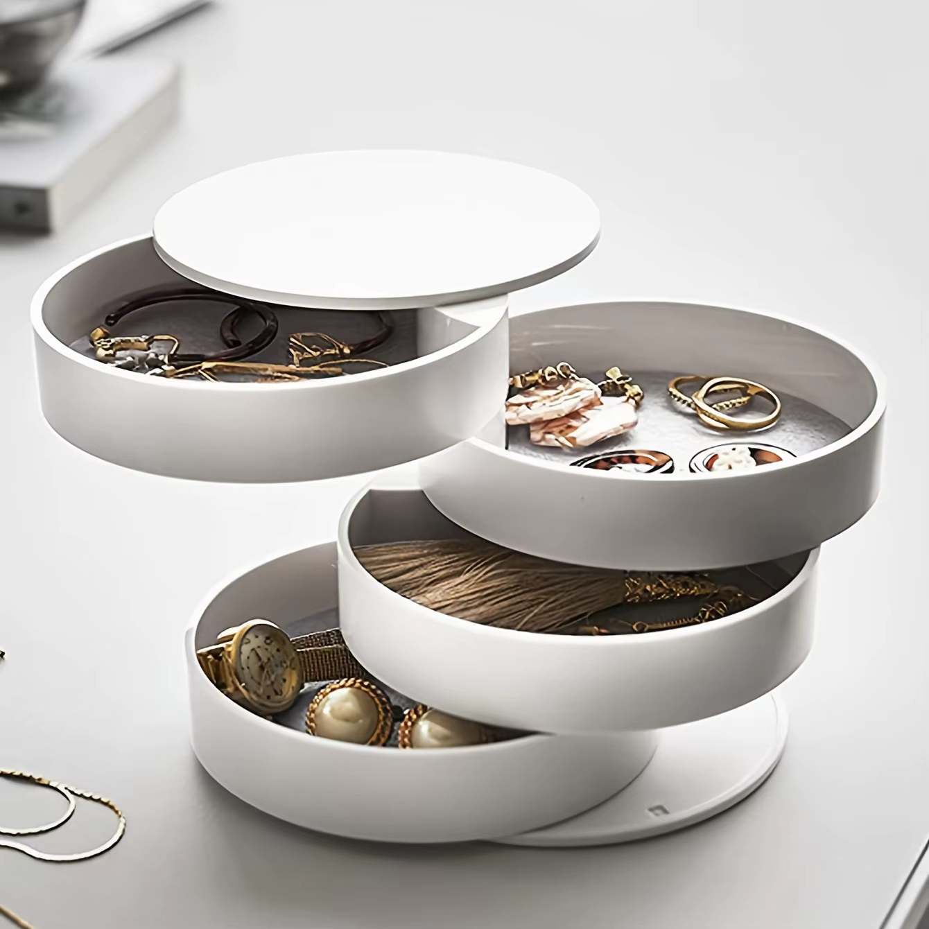 Boîte de rangement de bureau multicouche rotative, accessoires pour cheveux, boîte de maquillage pour bijoux avec couvercle, boîte à bijoux anti-poussière, boîte de rangement pour bijoux