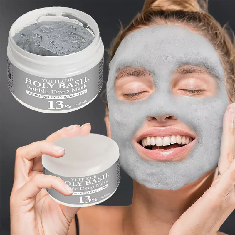 YUITIKUE Masque à bulles de basilic sacré avec 13 % PHA et 22 % d'argile naturelle - Nettoyage en profondeur auto-mousse