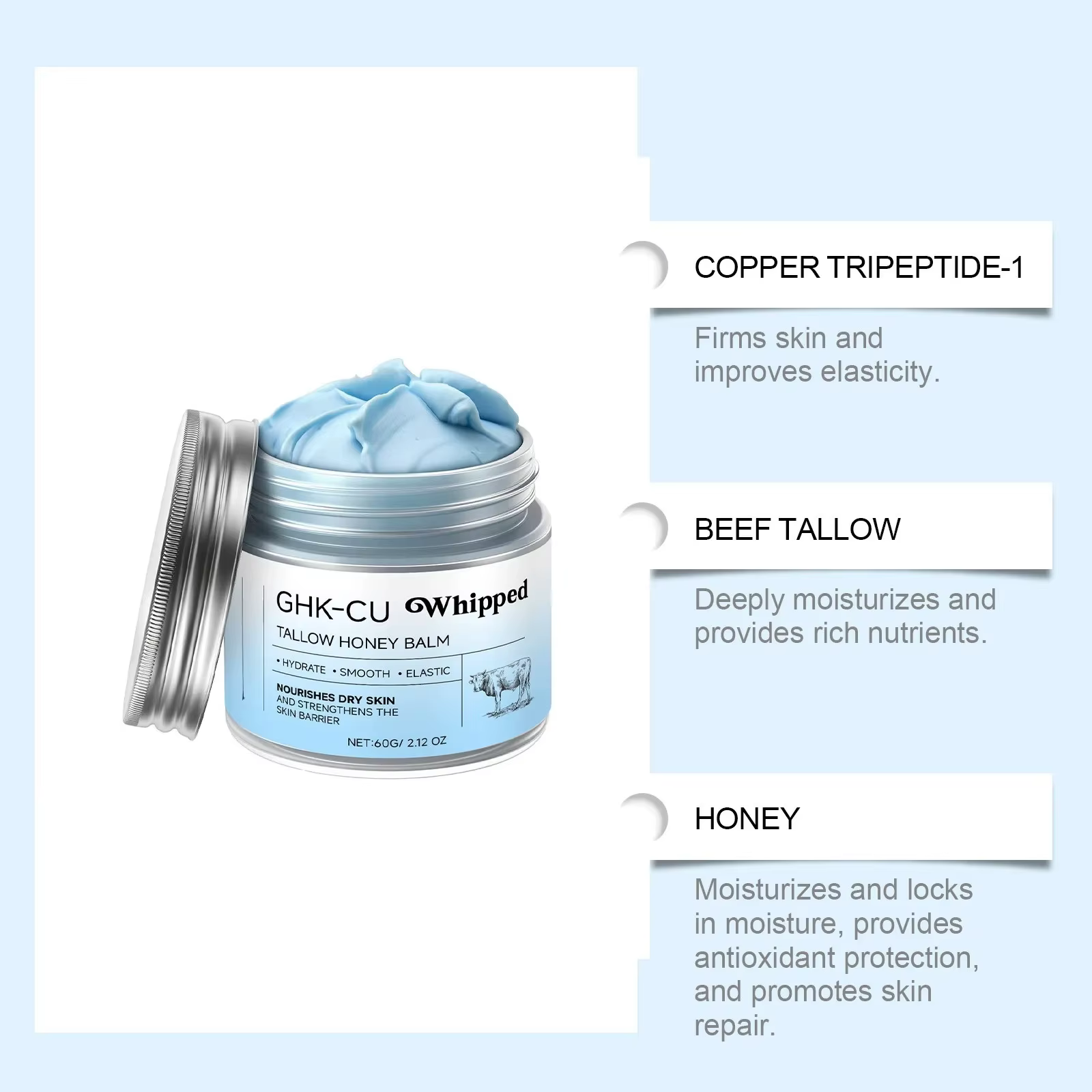 Baume Hydratant Bleu avec Peptides de Cuivre GHK-Cu et Suif de Bœuf : Soin au Miel de Manuka pour Peaux Sèches et Matures