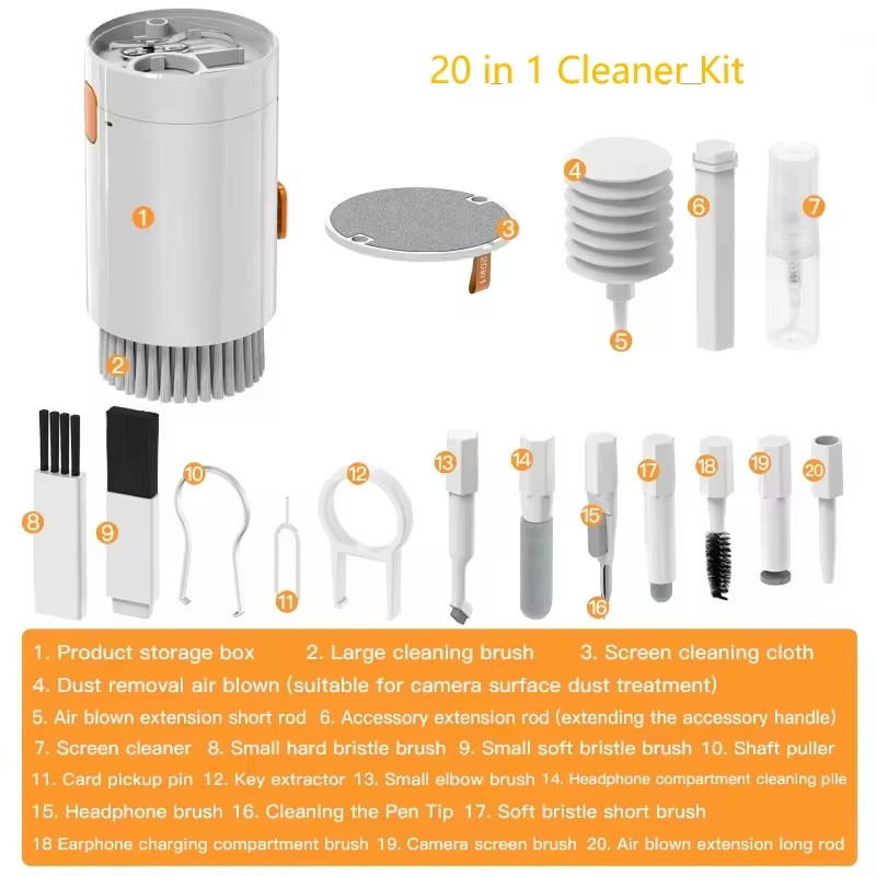 Kit de nettoyage électronique multifonctionnel 20 en 1, nettoyeur de clavier/écouteurs/téléphone/ordinateur portable avec extracteur de capuchons de touches et caillot en microfibre