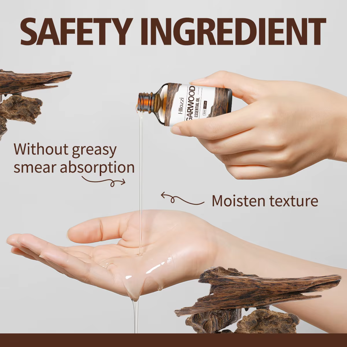 L'huile essentielle d'agar bois a un parfum boisé et convient aux soins du corps et des cheveux.