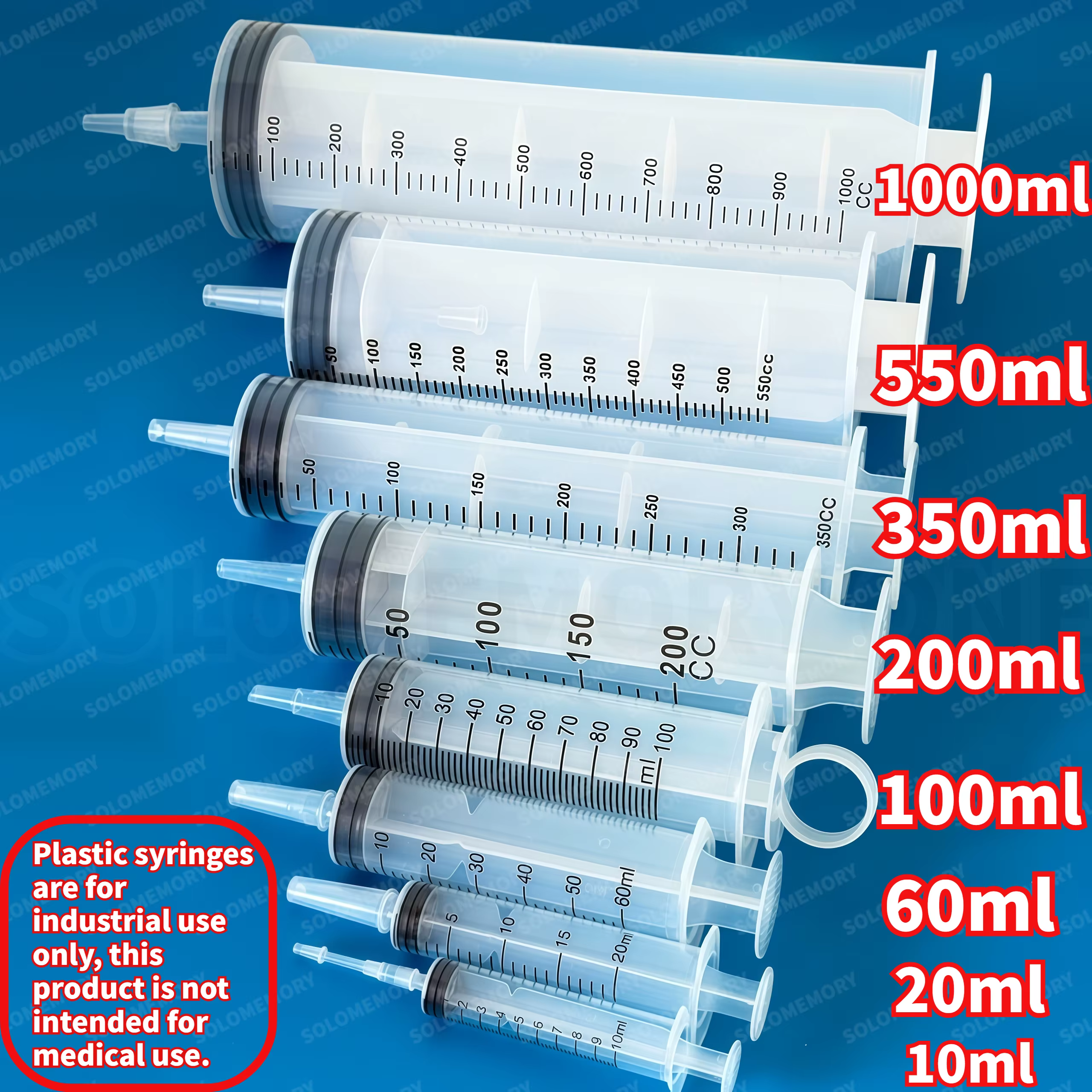 Seringue en plastique, disponible en capacités de 1000 ml, 550 ml, 350 ml, 200 ml, 100 ml, 60 ml, 20 ml, 10 ml, adaptée au dosage en laboratoire, au distribution de colle, à l'arrosage et à l'utilisat