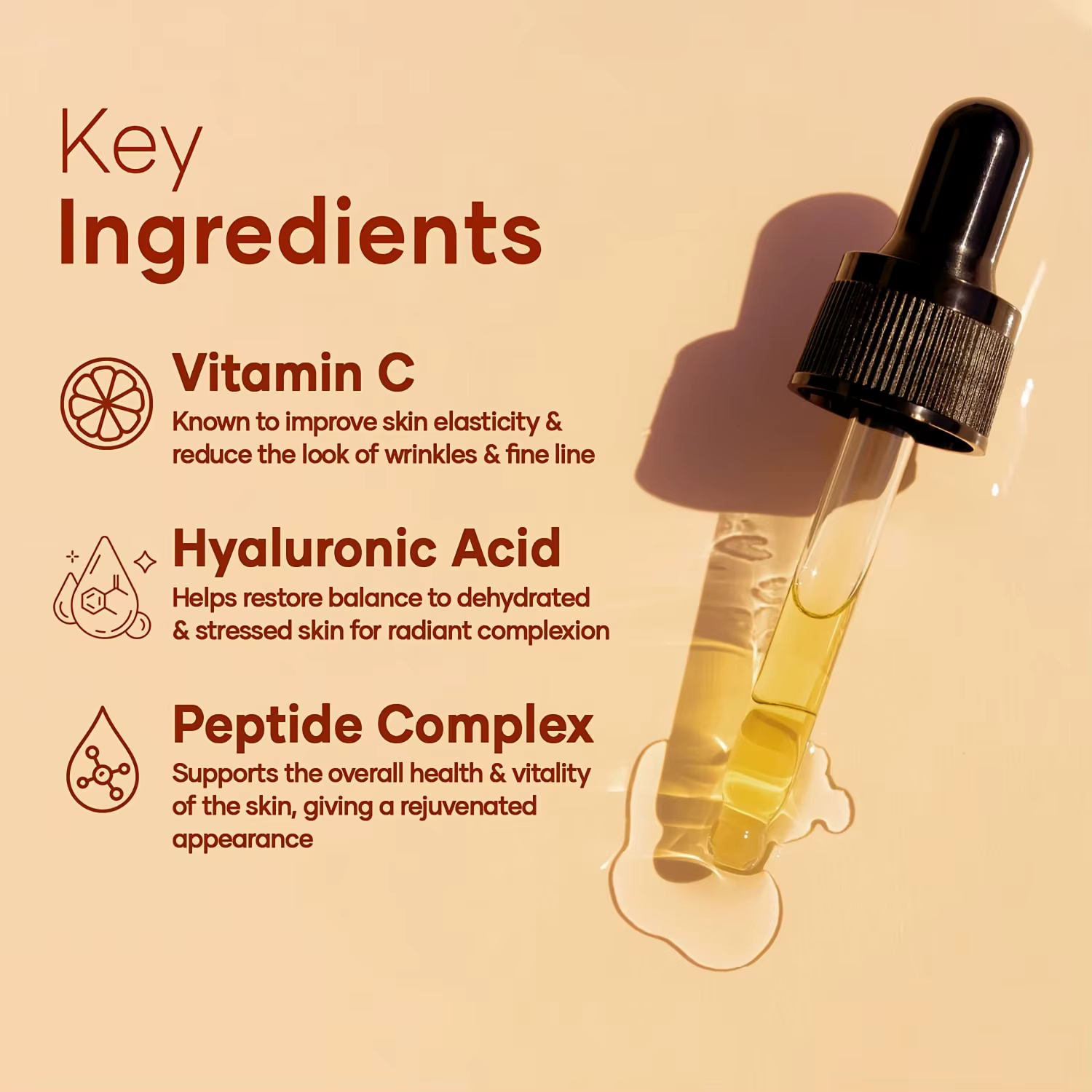 Sérum de vitamine C pour le visage amélioré avec des peptides d'acide hyaluronique