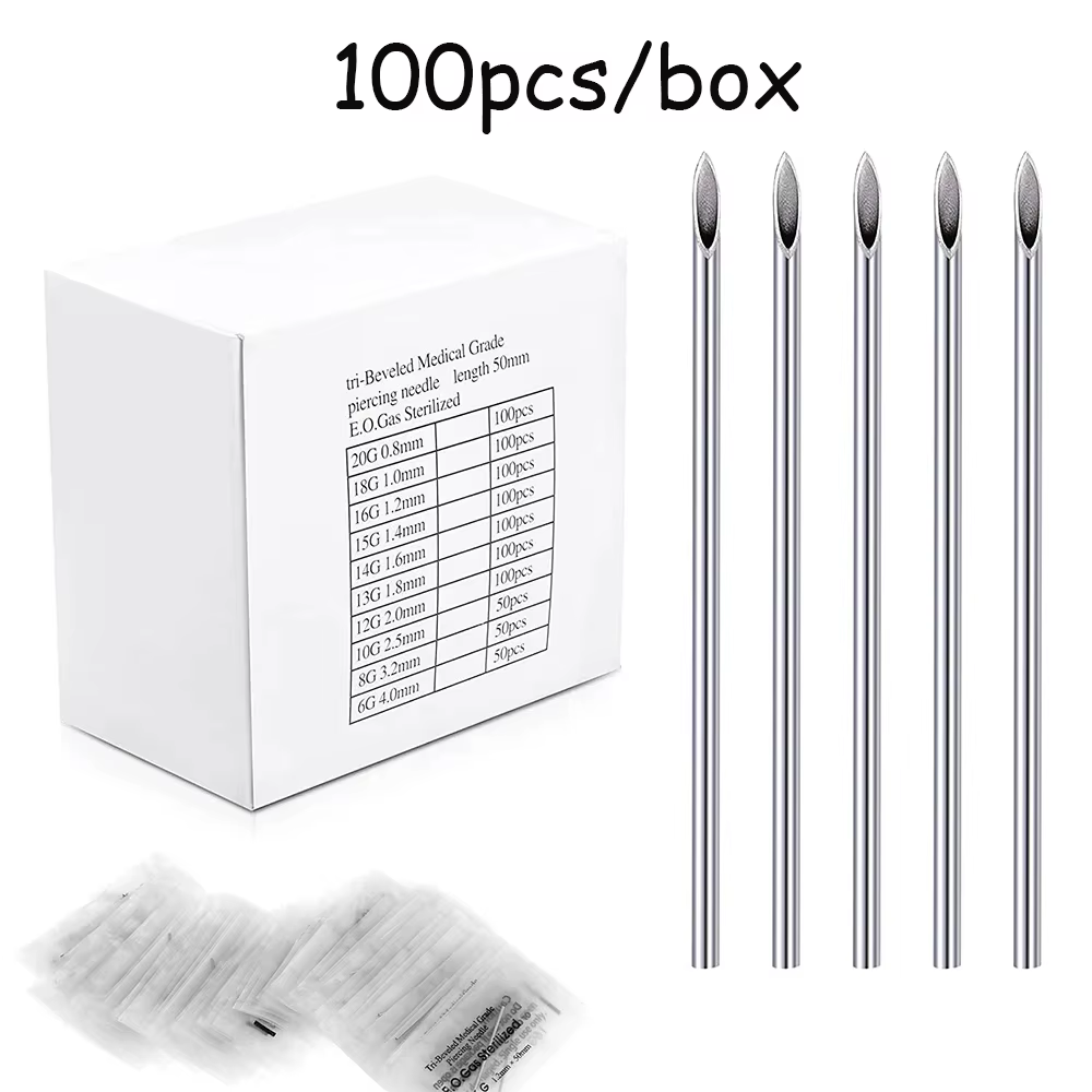 Blue Genie 10/100 pièces aiguilles de perçage corporel 14G 16G 18G acier inoxydable jetable oreille nez nombril mamelon lèvre Piercing aiguille