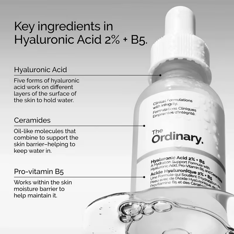 The Ordinary Hyaluronic Acid 2% + B5 A Formule hydratante avec sérum à l'acide hyaluronique ultra-pur et végétalien pour la peau 30ML