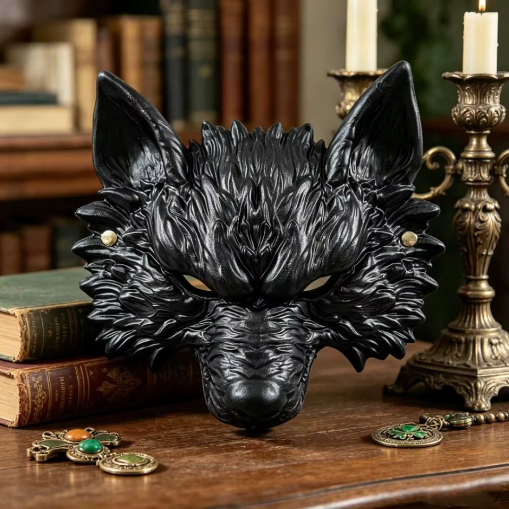 Masque de loup amusant pour cosplay d'Halloween, texture 3D en fourrure, respirant, avec trou pour les yeux, masque de costume de fête, design animal, finition noir et argent