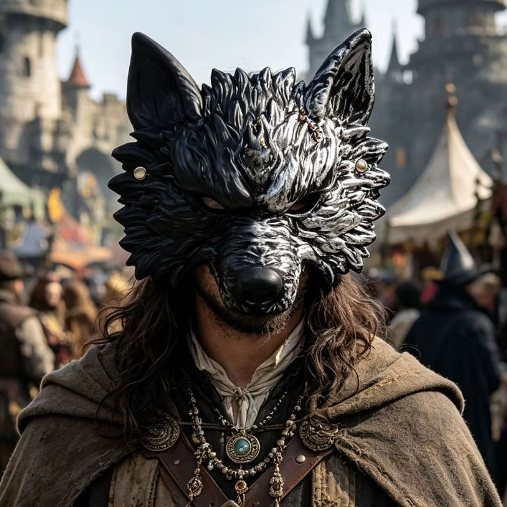 Masque de loup amusant pour cosplay d'Halloween, texture 3D en fourrure, respirant, avec trou pour les yeux, masque de costume de fête, design animal, finition noir et argent