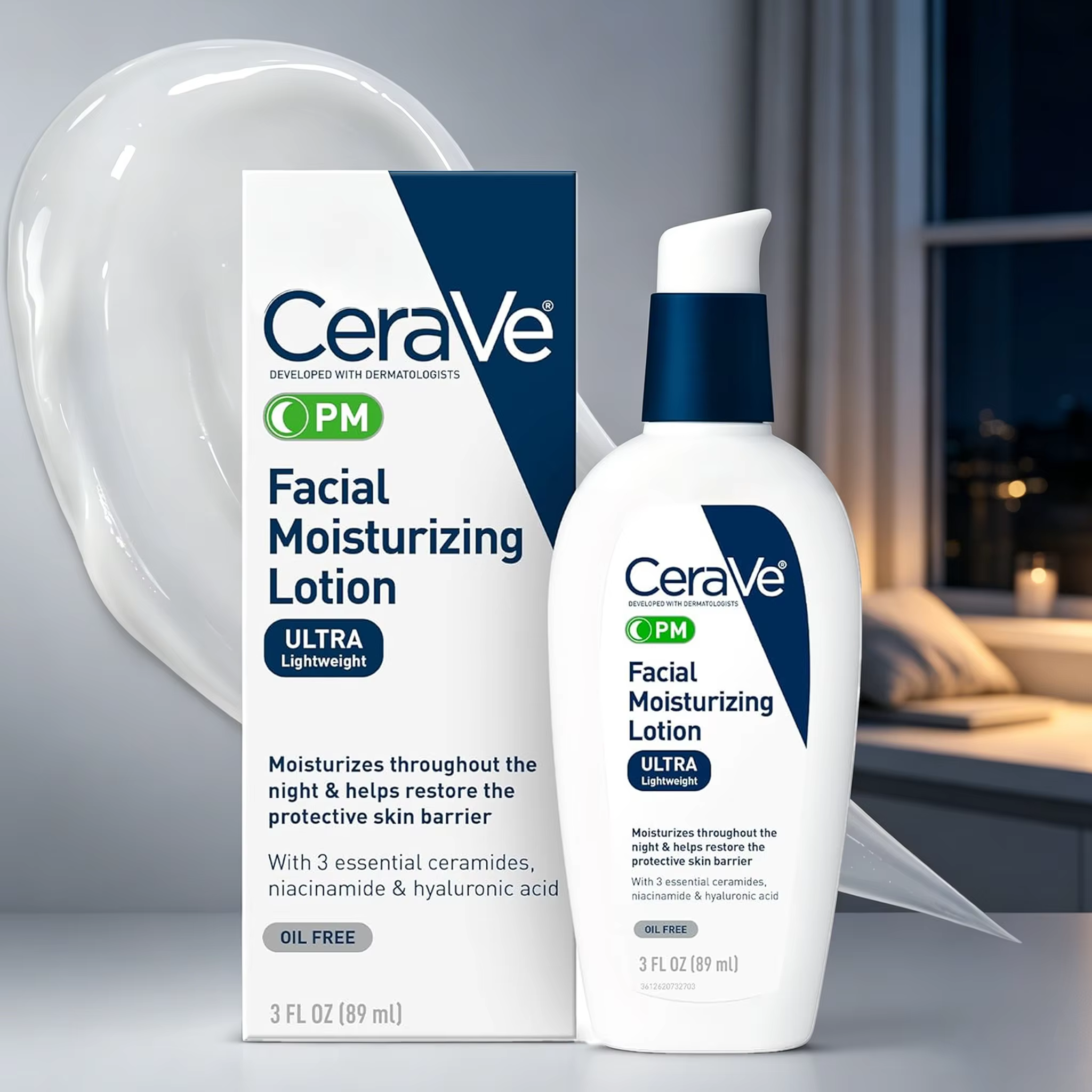 Lotion hydratante pour le visage CeraVe PM avec acide hyaluronique et niacinamide