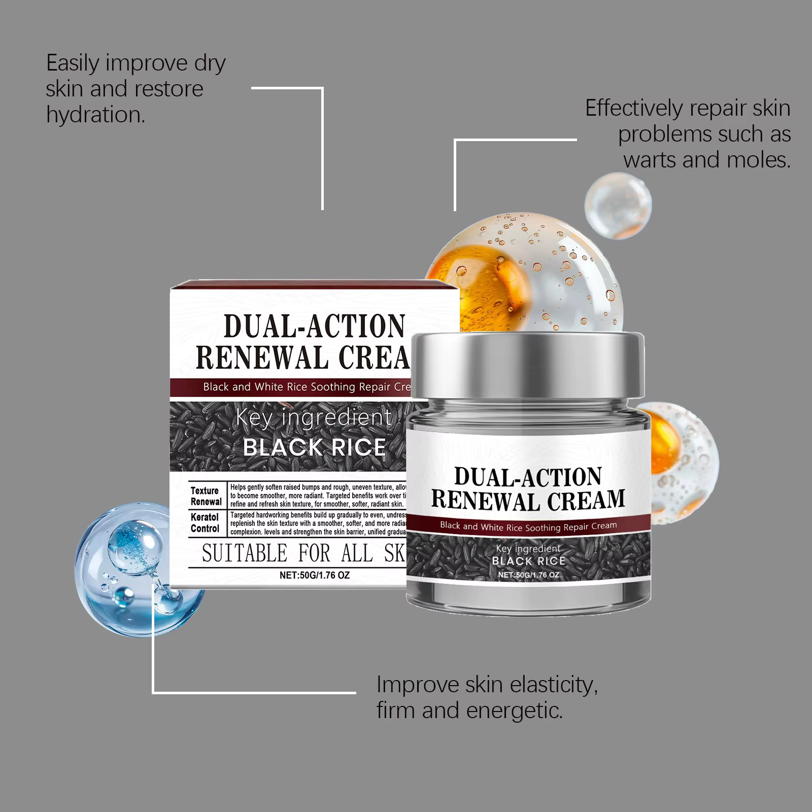 Crème réparatrice apaisante à double action au riz noir Keratin Erase pour le visage et le corps