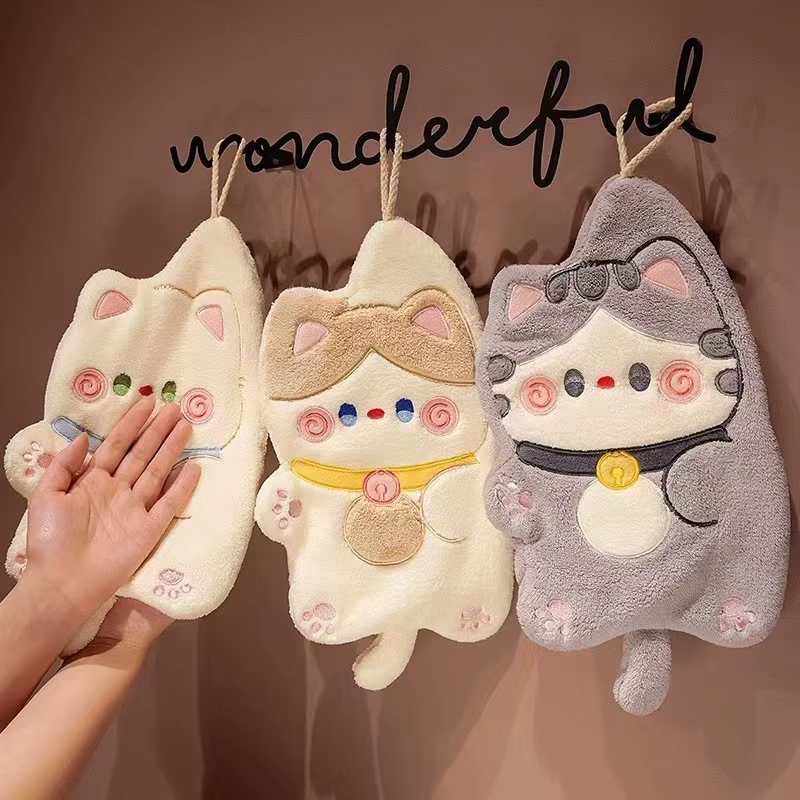 Serviette à main en forme de chat de dessin animé, chiffon de nettoyage Kawaii pour cuisine et salle de bain, serviette suspendue super absorbante, chiffon de nettoyage