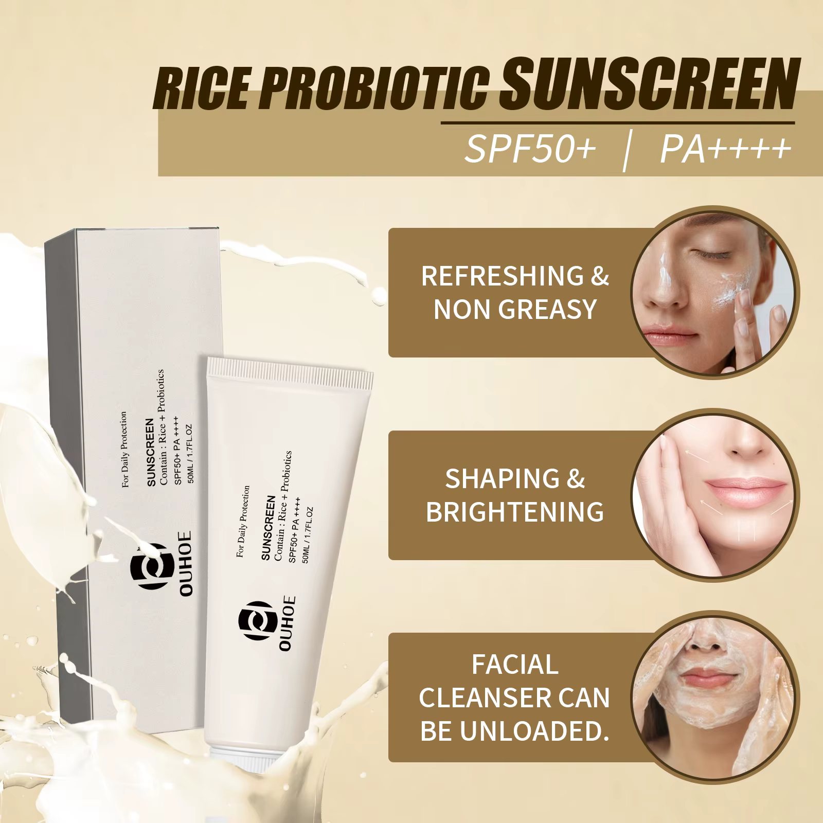 Crème solaire de riz Spf 50 +