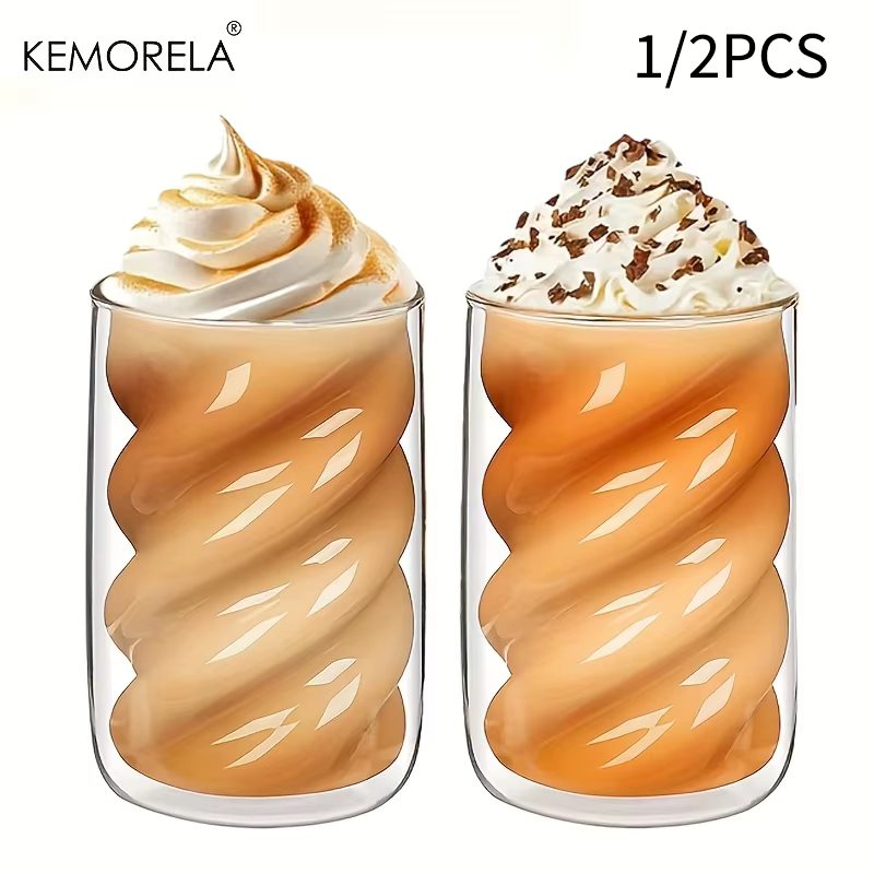 KEMORELA Tasse à café à double paroi, tasse à cappuccino 1/2 pièces 320ML, tasse à thé en spirale adaptée au café au lait, au thé glacé et au café froid