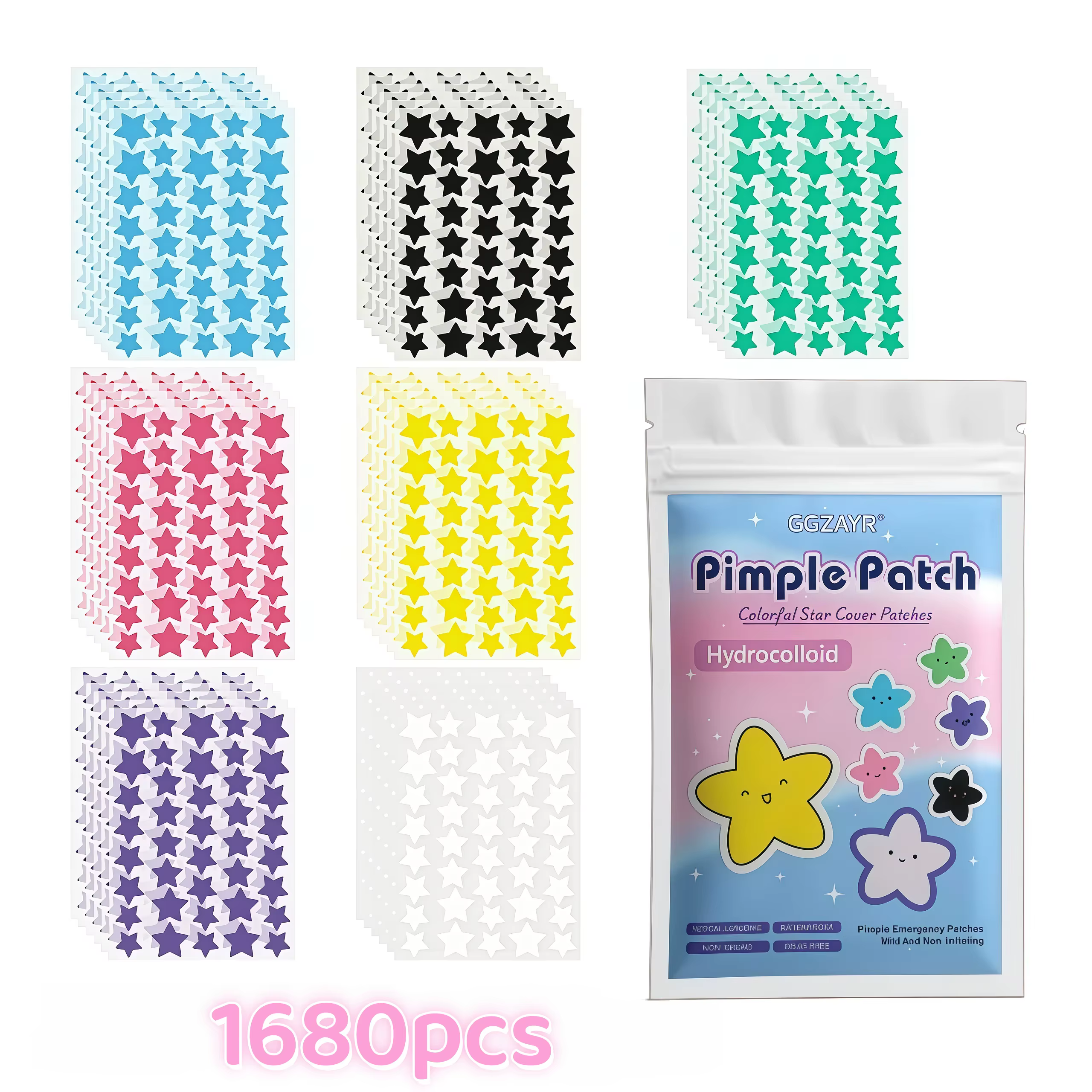 280/1120/1680pcs Patchs de boutons étoiles sept couleurs – Points hydrocolloïdes invisibles pour un soin de la peau amusant et doux