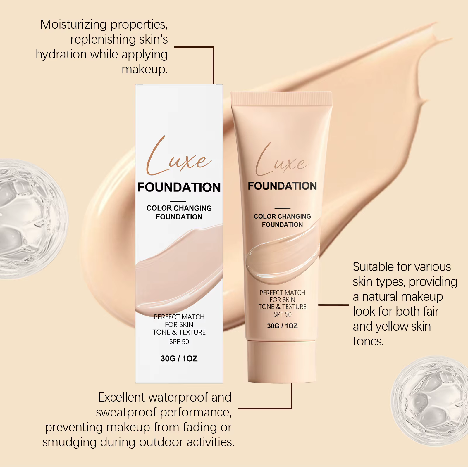Fond de teint changeant de couleur SPF 50, couvrance naturelle, fond de teint liquide ajustable, léger, longue tenue, base de maquillage pour tous les types de peau