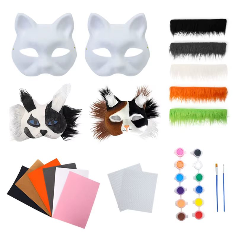 Kit de graffiti de masque de fête - Design demi-visage chat renard ; Ensemble de 3 masques d'animaux Therian DIY ; Créativité faite à la main.