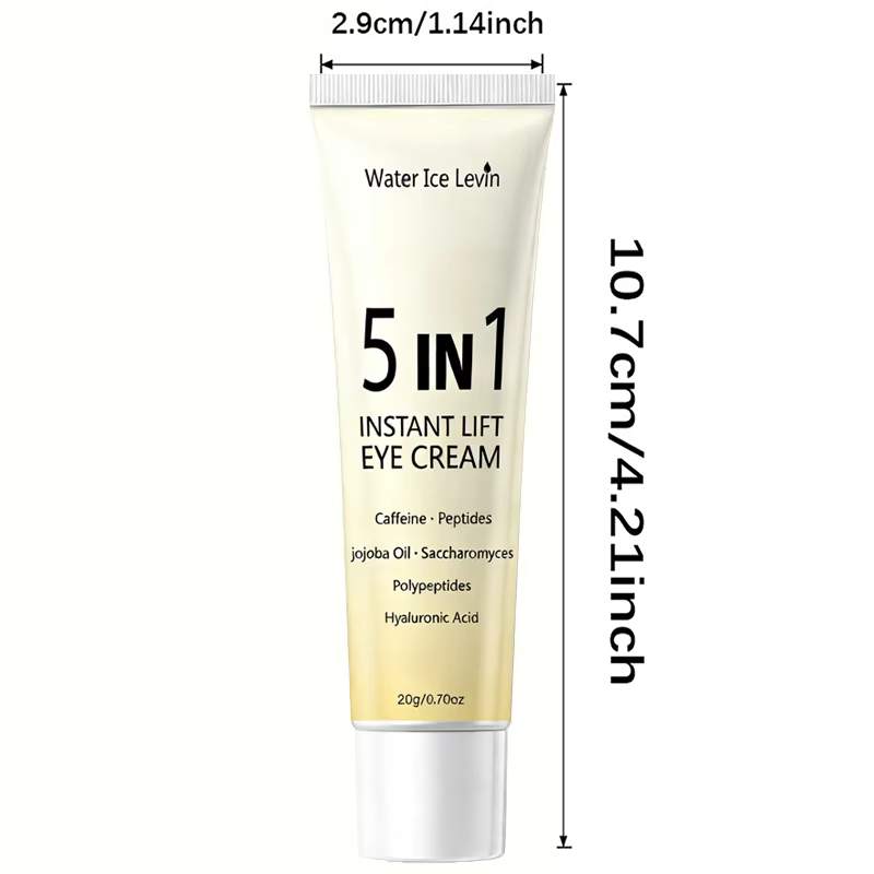 Crème pour les yeux à effet liftant instantané 5 en 1. Résultats en 2 minutes. Lisse les poches sous les yeux, raffermit, hydrate en profondeur. Peptides de caféine, acide hyaluronique. 20g.