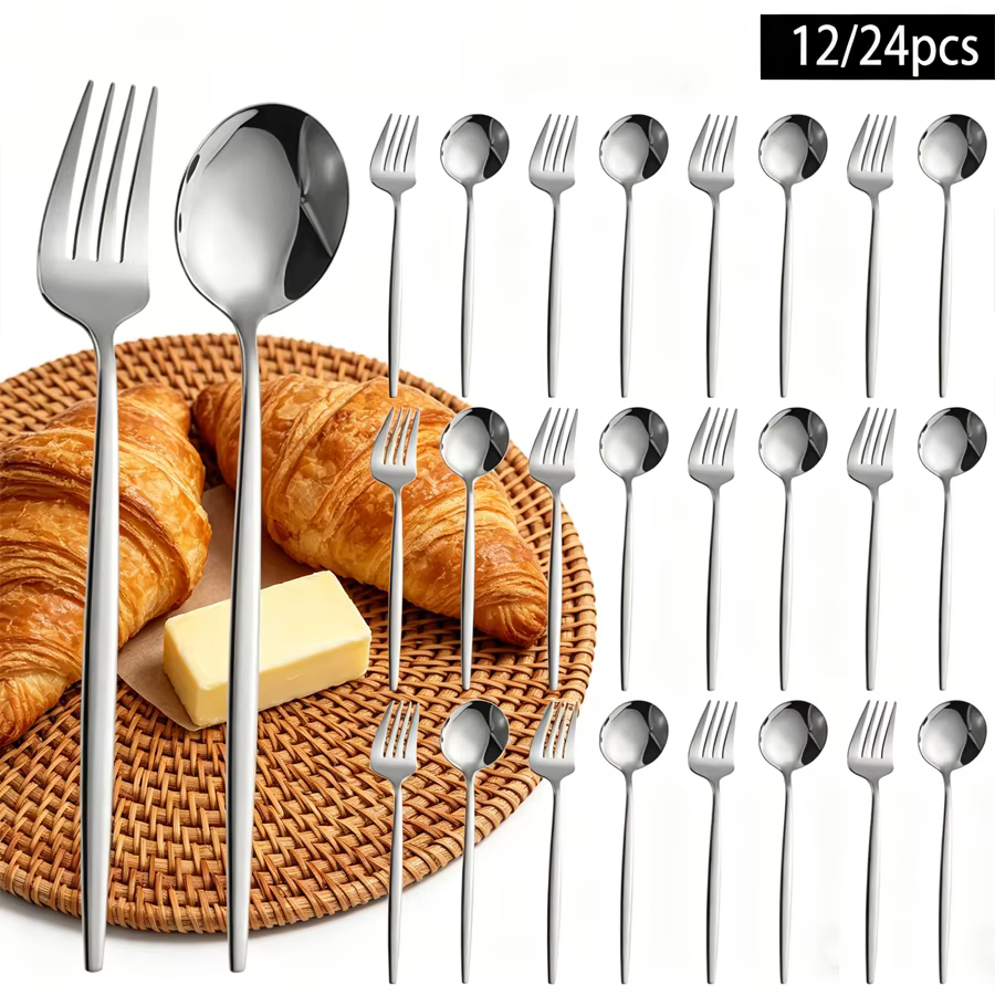 Ensemble de couverts en acier inoxydable argenté de 12/24 pièces, comprenant des fourchettes à dîner, des cuillères et des cuillères à dessert, adapté pour les repas à la maison, Di