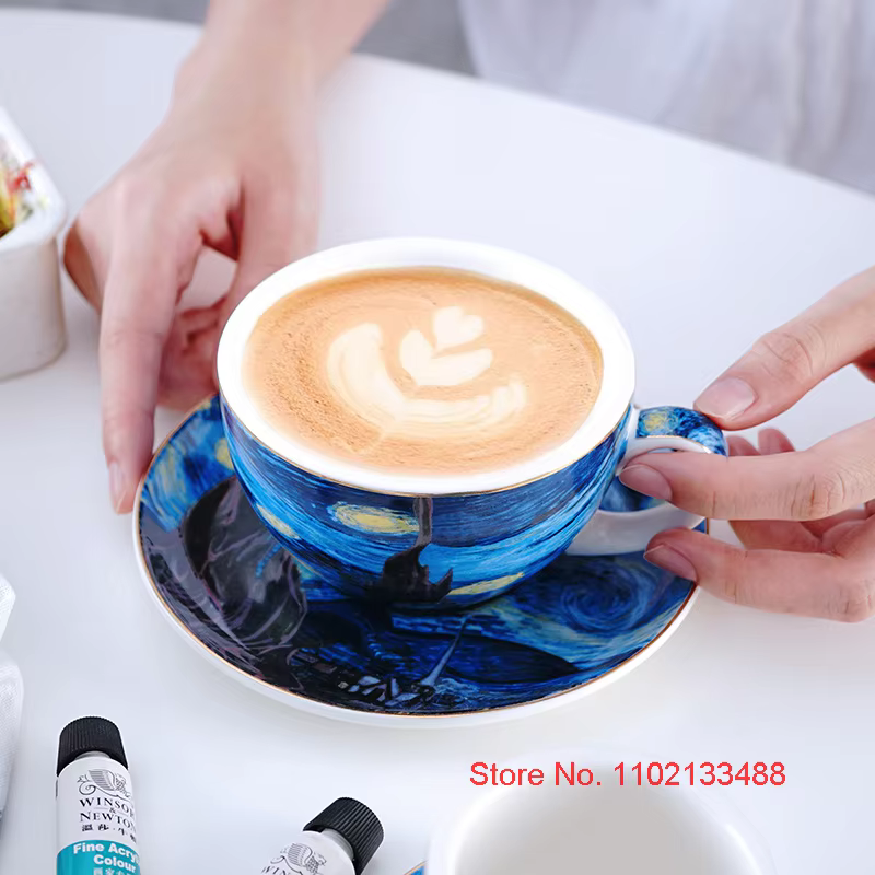 Van Gogh-Ensemble de tasses à café et d'assiettes en céramique de luxe, tasse à thé de dégustation de cappuccino, verre ESPRESbucDemitasse, peinture à l'huile