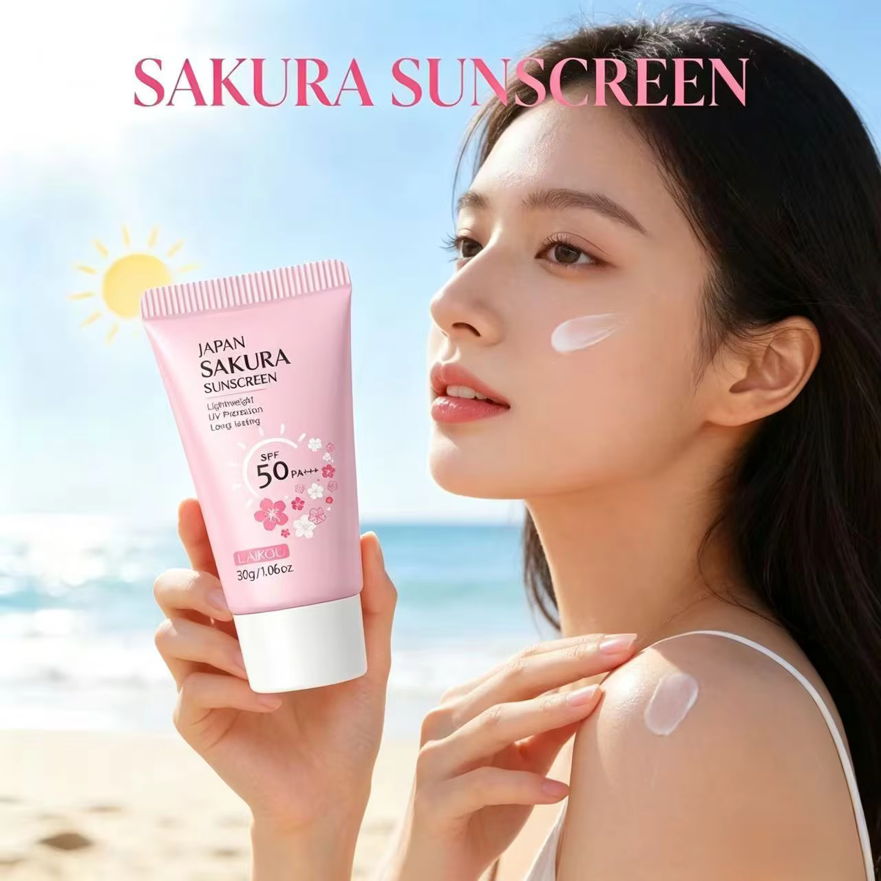 Crème solaire LAIKOU Sakura SPF50+ Protection UV Visage et Corps Rafraîchissante Imperméable Hydratante Correctrice 30g