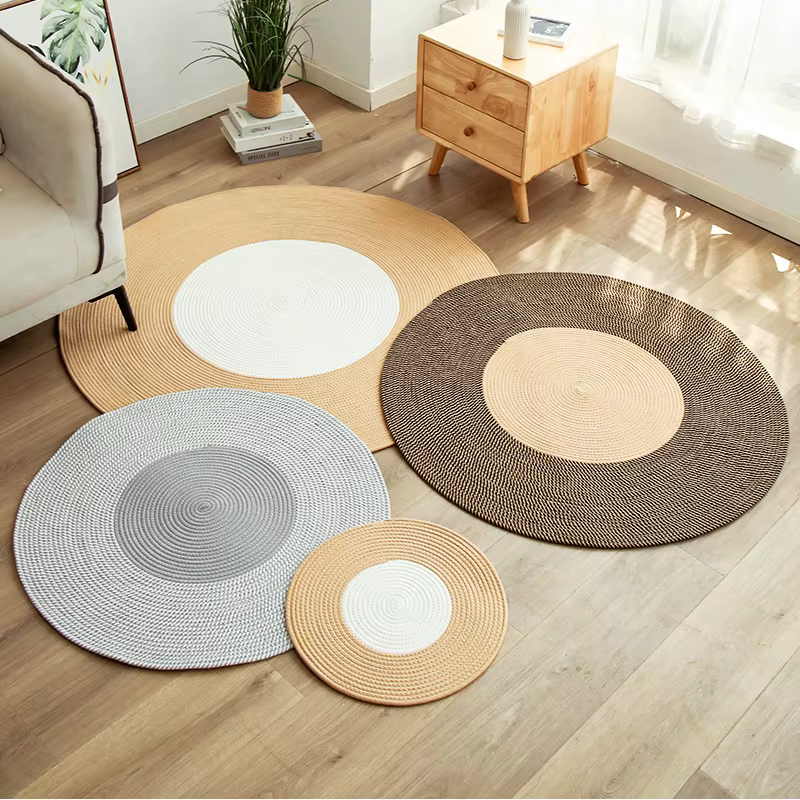 Tapis rond en rotin de jute tissé à la main avec pompon, tapis vintage pour chambre à coucher, salon, décoration d'intérieur, tapis de sol, chambre, porte, polymères