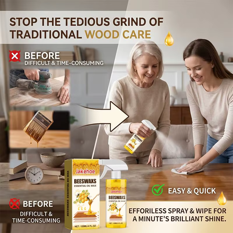 Spray Nettoyant et Conditionneur pour Bois à la Cire d'Abeille – Restaure la Brillance et Protège les Sols, Armoires et Tables en Bois avec Éponge et Serviette