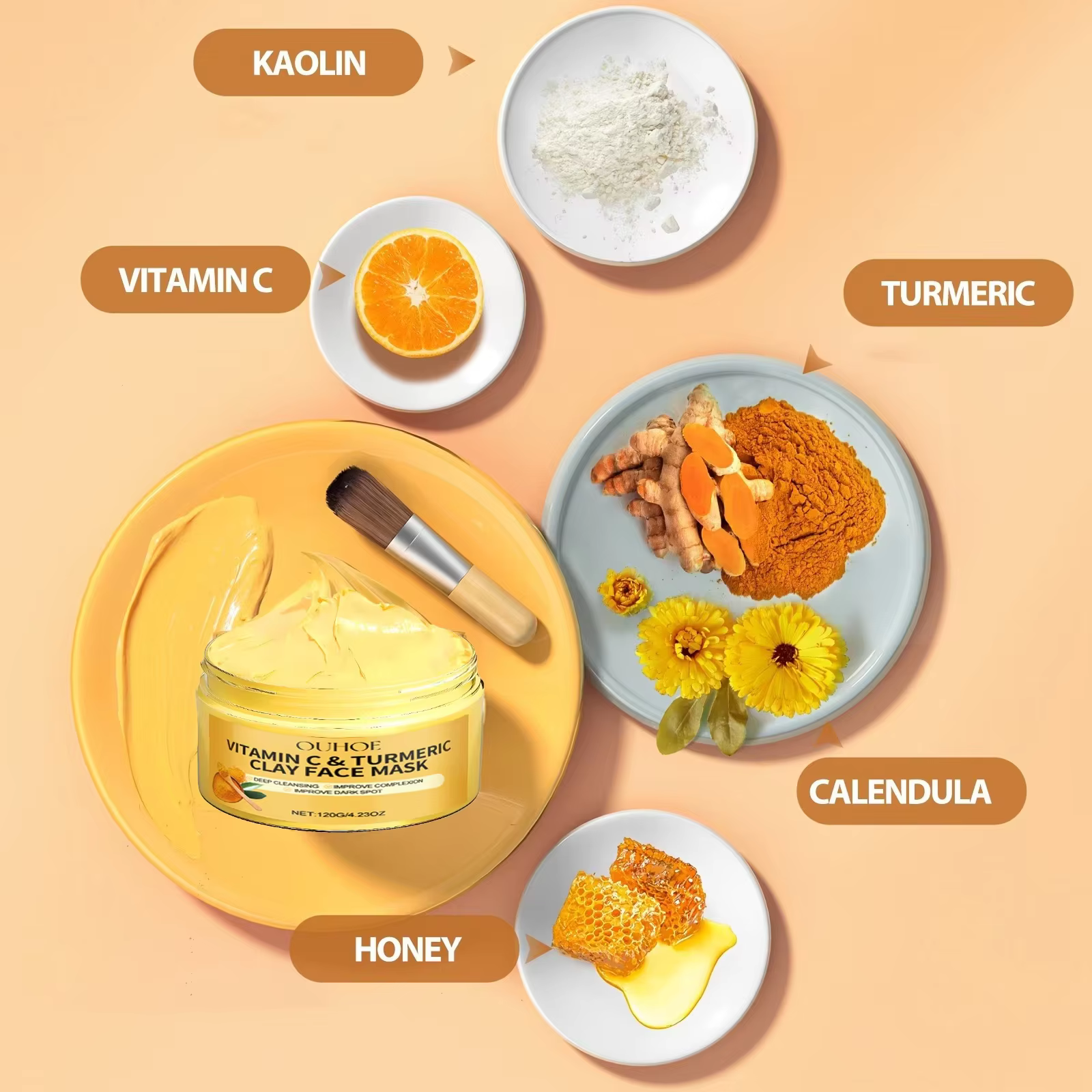 Masque facial à l'argile de curcuma et à la vitamine C, nettoyage en profondeur, améliore les taches brunes, hydrate la peau, raffermit la peau, unifie le teint