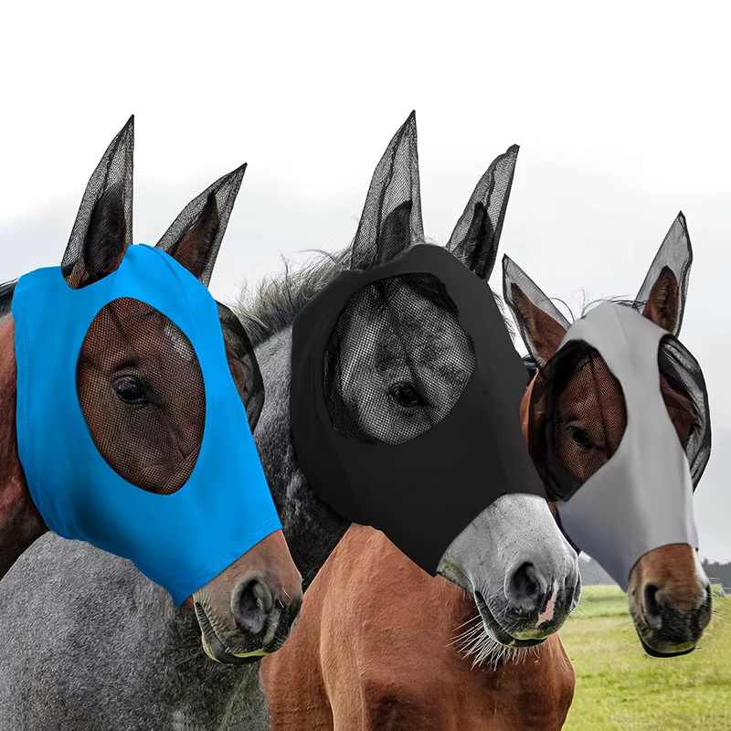 Masque anti-mouches pour chevaux avec oreilles, en Lycra extensible, protection UV, masque intégral, anti-moustiques, maille respirante, protection estivale pour équidés