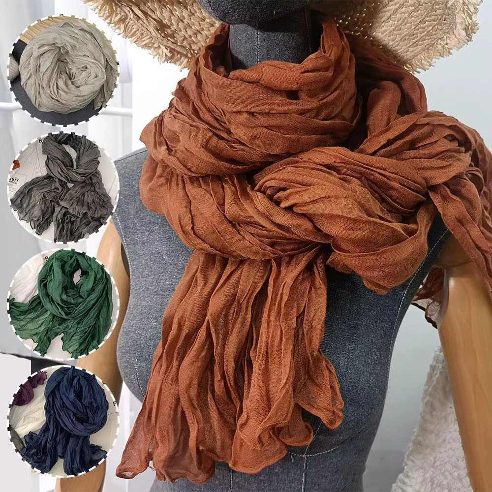 Écharpe en coton et chanvre de couleur unie, châle chaud et Chic, longues écharpes plissées, décor froissé Vintage, silencieux doux torsadé