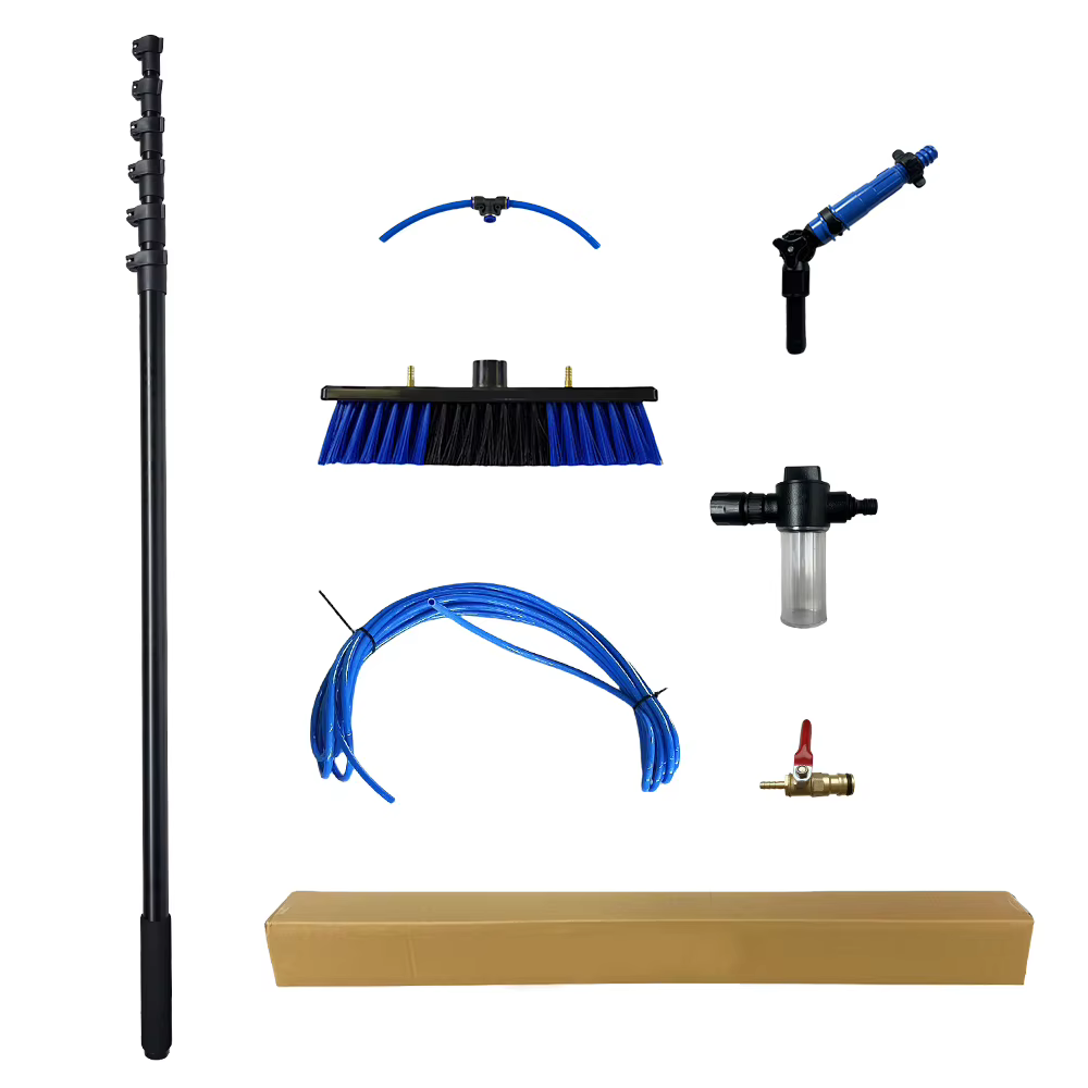 Kit de nettoyage de panneaux solaires et de vitres 10M, avec perche télescopique en aluminium et distributeur de savon