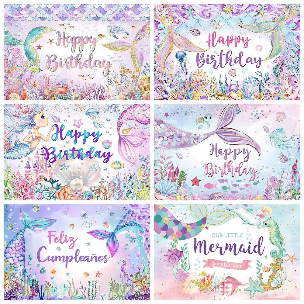 Toile de fond sur le thème des sirènes, fond photographique sous la mer, décoration de fête d'anniversaire pour filles, fournitures de décoration pour fête de princesse, bannière pour baby shower
