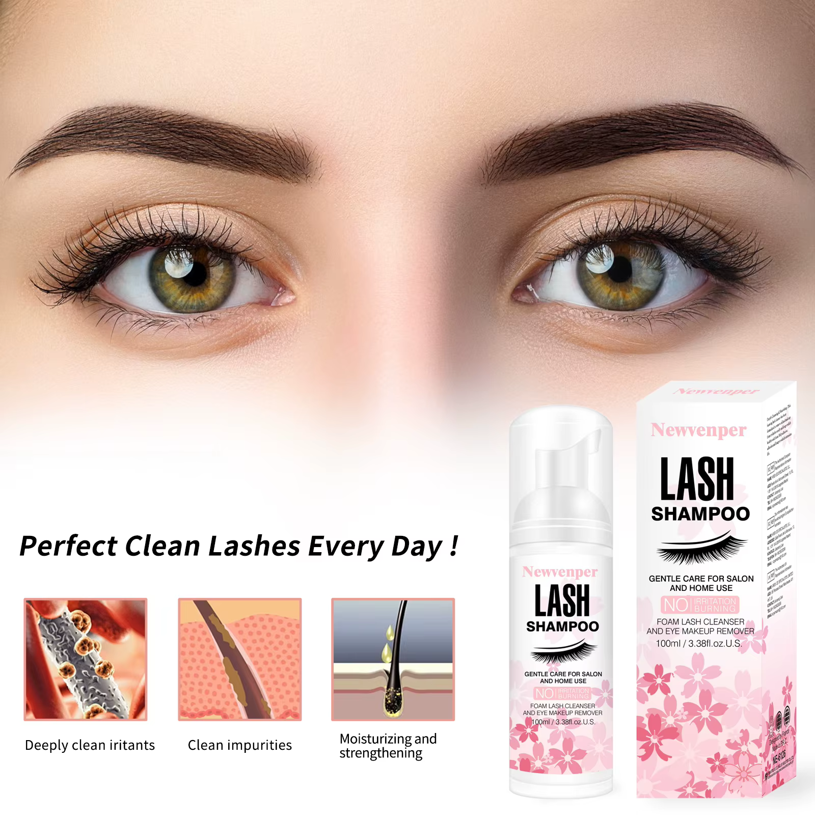 Shampoing pour cils 100ML + brosse et baguette de Mascara nettoyage moussant pour les paupières