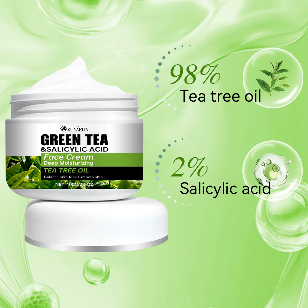 SUYARUN Crème pour le visage à l'huile d'arbre à thé et à l'acide salicylique au thé vert - Traitement de l'acné