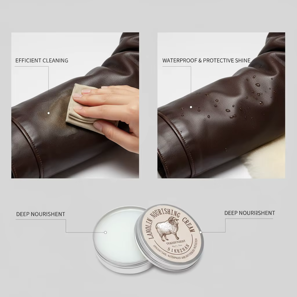 Crème d'entretien pour veste en cuir – Baume nourrissant pour lanoline, revitalisant transparent pour restaurer, imperméable et protéger les manteaux en cuir