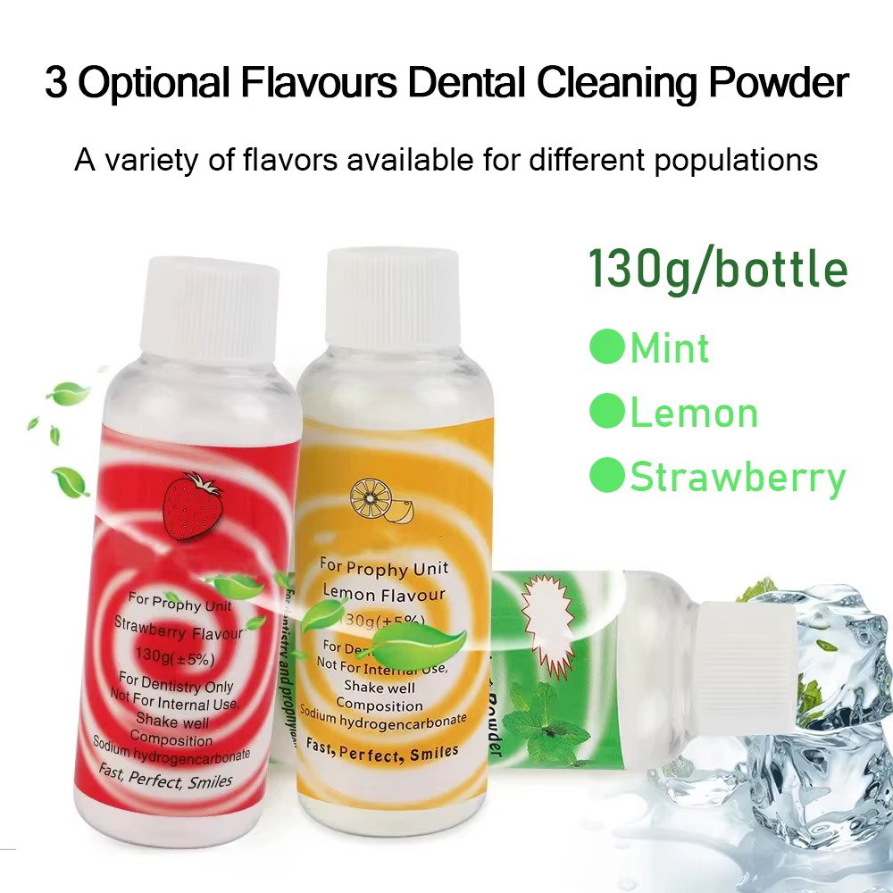 Poudre de polissage dentaire 130g Prophy Air Jet Flow pour le nettoyage des dents, l'élimination de la plaque et des taches, bicarbonate de sodium, menthe, citron, fraise