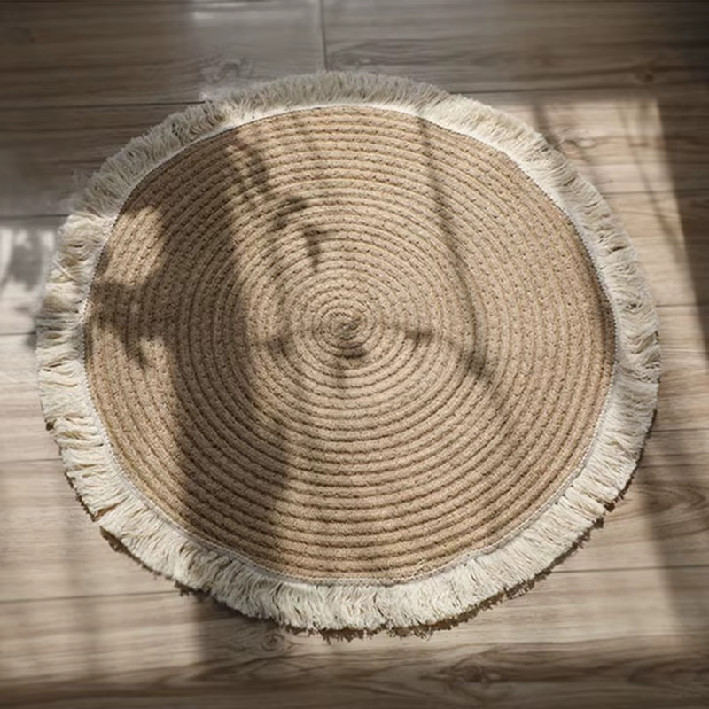 Tapis rond en rotin de jute tissé à la main avec pompon, tapis vintage pour chambre à coucher, salon, décoration d'intérieur, tapis de sol, chambre, porte, polymères