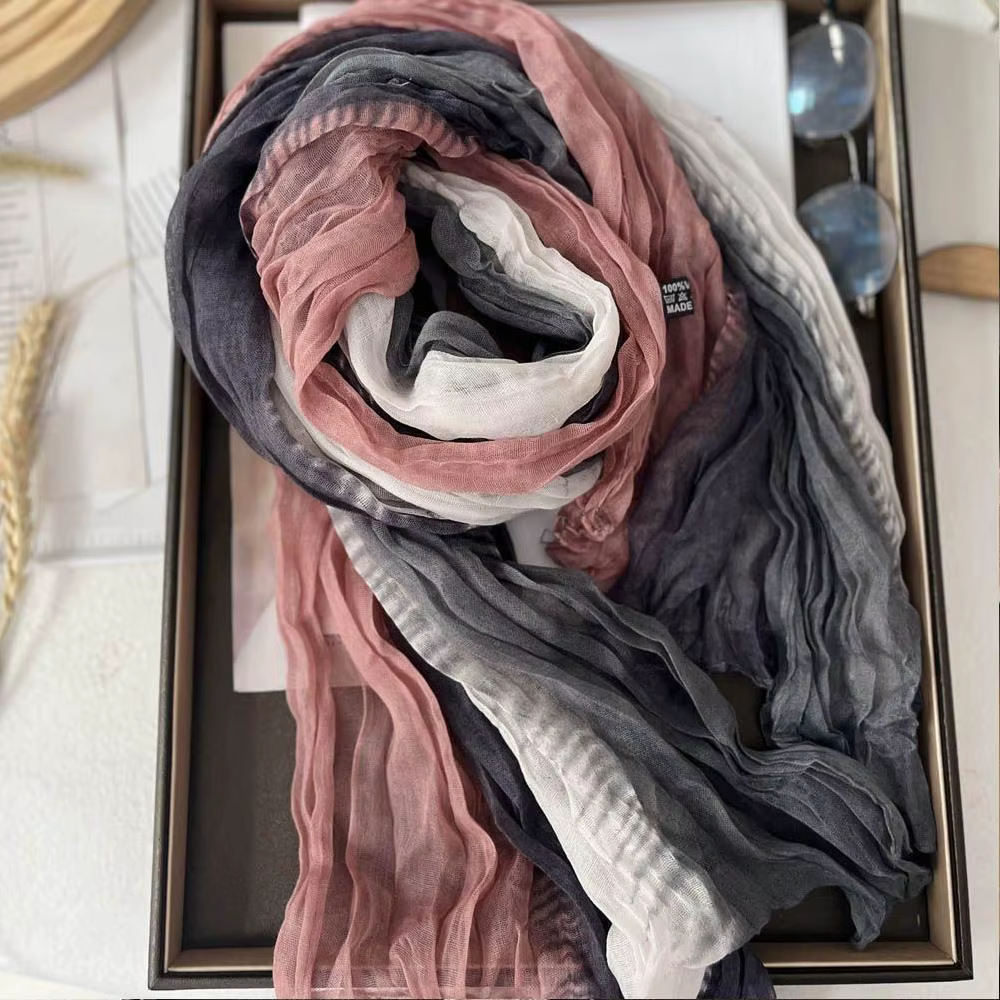 Foulard en lin de coton rétro automne hiver plissé soie longs châles musulman froissé Hijab foulard dégradé couleur froissé foulards