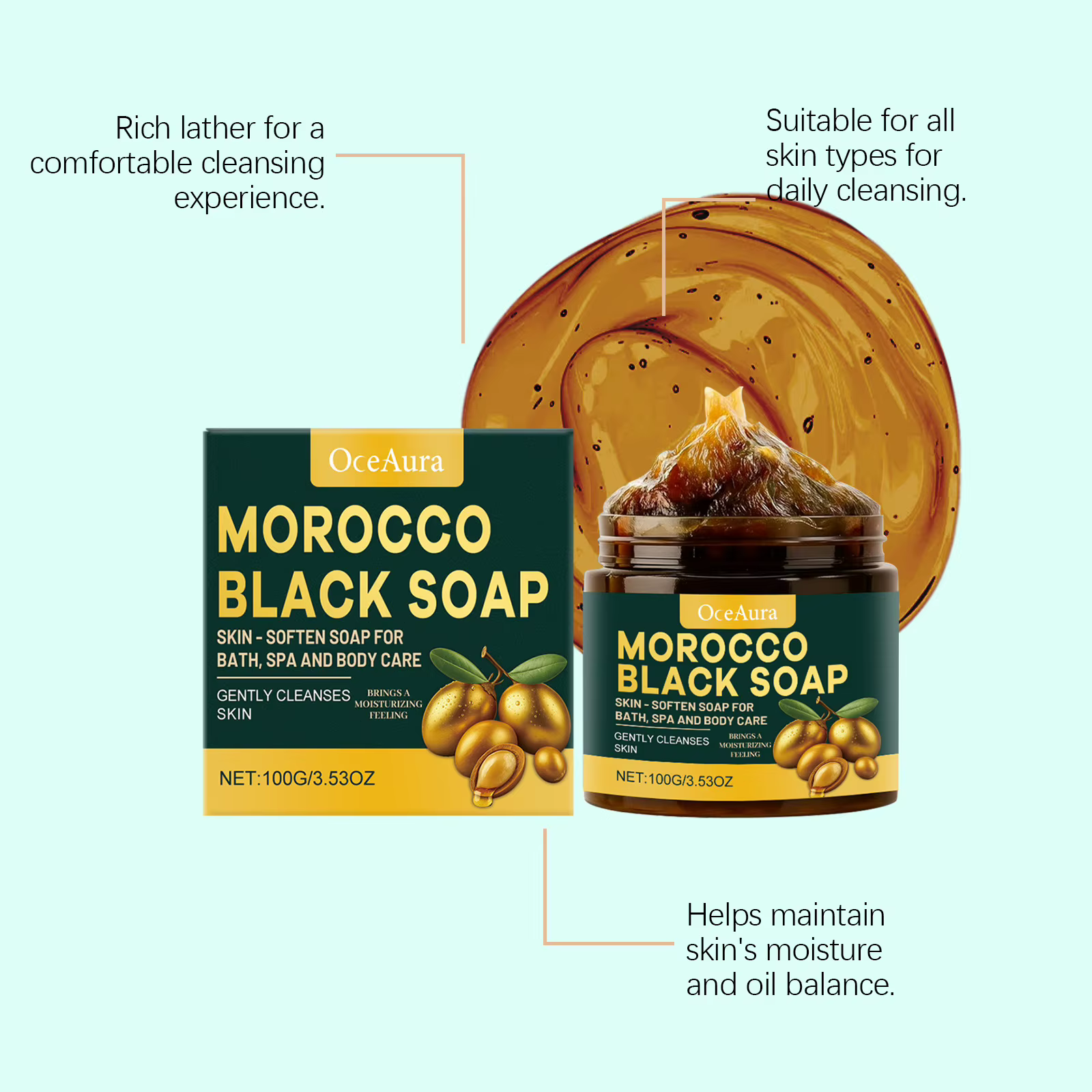 OCEAURA soin du corps savon noir nettoyage en profondeur exfolier soulager la sécheresse hydrater la peau à la main