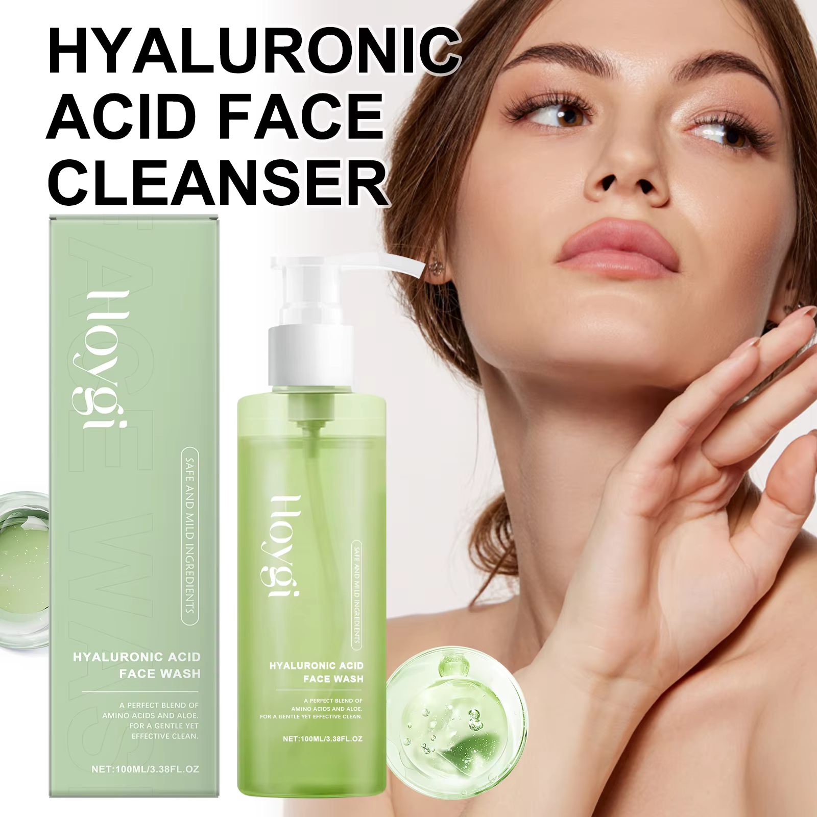 Hoygi Gel nettoyant pour le visage à l'acide hyaluronique nettoyage en profondeur des pores hydratant démaquillant sans séchage pour peaux sensibles 100 ml