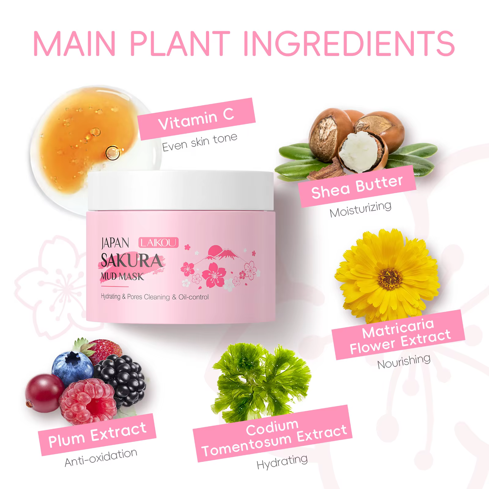 Masque à l'argile de cerisier LAIKOU 25g/90g Nettoyage en profondeur Contrôle du sébum Élimination des points noirs Hydratant Éclaircissant Soin de la peau du visage