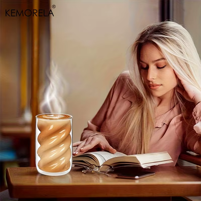 KEMORELA Tasse à café à double paroi, tasse à cappuccino 1/2 pièces 320ML, tasse à thé en spirale adaptée au café au lait, au thé glacé et au café froid